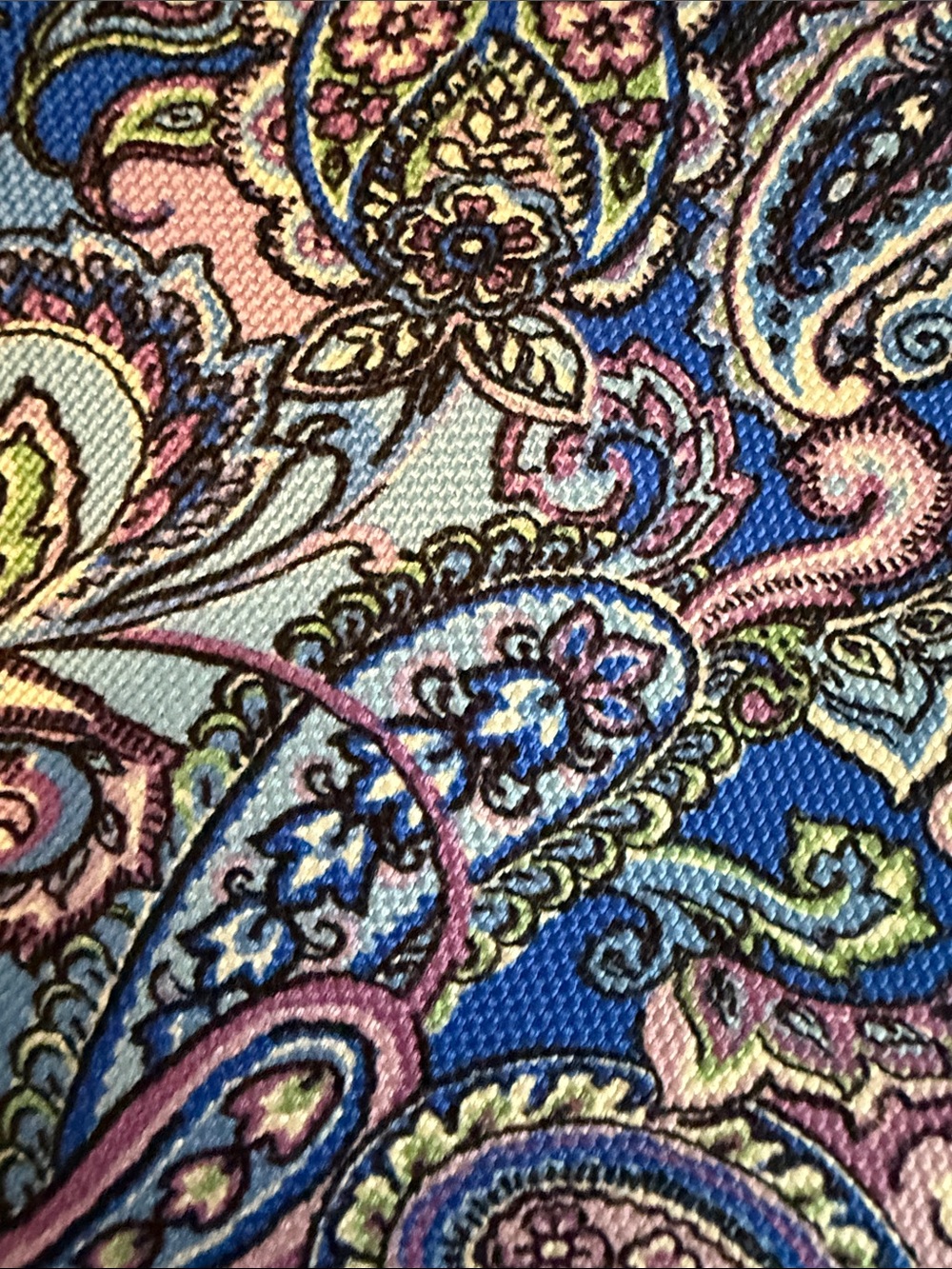 David Donahue Blue Paisley Silk Tie with Pink and Green Accents